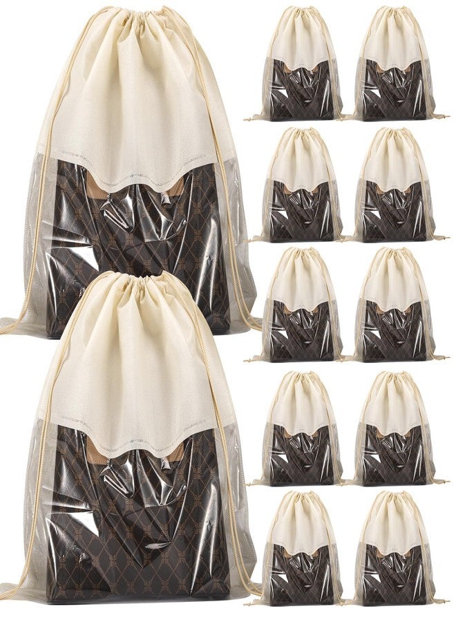 PLMMOUT 12 PCS Dustproof Drawstring Bags,Breathable Non-Woven Fabric Drawstring Dust Covers,Storage Bags Dust Bag for Handbags Shoes Purses,Beige - Image 1